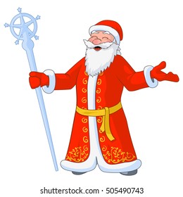 Russian jolly Ded Moroz with divorced hands and ice staff. Vector Illustration