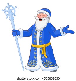 Russian jolly Ded Moroz with divorced hands and ice staff. Vector Illustration