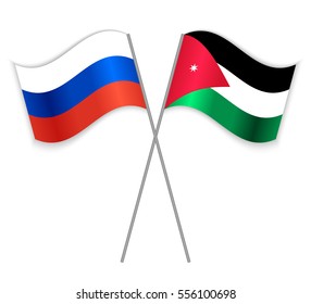 Russian and Jordanian crossed flags. Russia combined with Jordan isolated on white. Language learning, international business or travel concept.