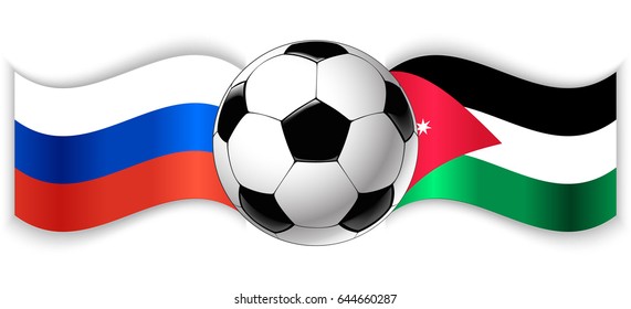 Russian and Jordanian wavy flags with football ball. Russia combined with Jordan isolated on white. Football match or international sport competition concept.