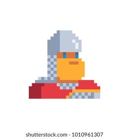 Russian knight, warrior. Pixel art character. Head of hero of Russian folklore and folk tales. Stickers design. Isolated vector illustration.