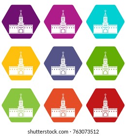 Russian kremlin icon set many color hexahedron isolated on white vector illustration