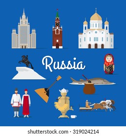 Russian Landmarks and Culture. Moscow in Russia vector illustration. Traditional costume.