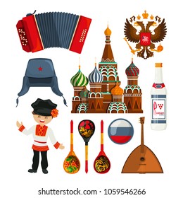 Russian landmarks and different traditional symbols. Vector russia culture, national russian traditional illustration