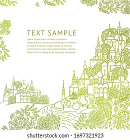 Russian landscape with churches. Hand drawn outline illustration of green hill, river, houses and orthodox churches. Lovely template for traditional souvenirs. Floral frame 