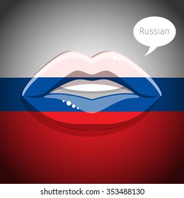 Russian language concept. Glamour lips with make-up of the  Russian flag, woman face. Flat design, vector illustration.