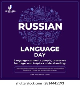 Russian Language Day awareness poster in a sophisticated and elegant purple theme featuring a modern minimalist design. Honors the legacy of Alexander Pushkin and the profound cultural, historical, and intellectual influence of the Russian language. Perfect for literary societies, international cultural organizations, academic language programs, and creative social media graphics promoting the beauty of linguistics, the depth of classic literature, and the importance of preserving cultural heritage in our globally interconnected society.
