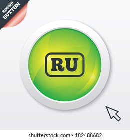 Russian language sign icon. RU Russia Portugal translation symbol with frame. Green shiny button. Modern UI website button with mouse cursor pointer. Vector