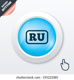Russian language sign icon. RU Russia Portugal translation symbol with frame. Blue shiny button. Modern UI website button with hand cursor pointer. Vector