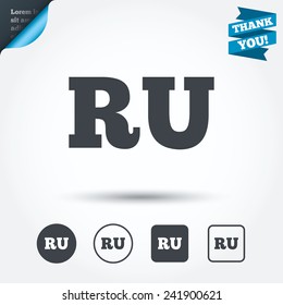 Russian language sign icon. RU Russia translation symbol. Circle and square buttons. Flat design set. Thank you ribbon. Vector