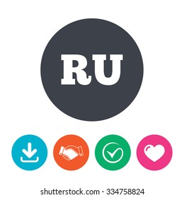 Russian language sign icon. RU Russia translation symbol. Download arrow, handshake, tick and heart. Flat circle buttons.