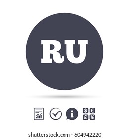 Russian language sign icon. RU Russia translation symbol. Report document, information and check tick icons. Currency exchange. Vector