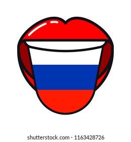 Russian language tongue with flag Russia open woman smile mouth flat icon