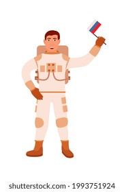 Russian man astronaut holding national flag in hand on white