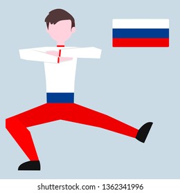 The Russian Man. Russian Folk Dancer - A Boy In Russian Folk Costume. Russian Flag. 