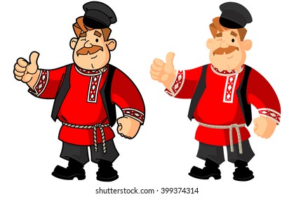 Russian man in national costume. Gesture of approval.