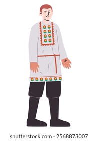 Russian man wearing Russia traditional clothes cultural attire tradition red hair character Slavic ethnicity design colorful