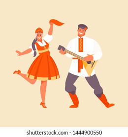 Russian man and woman in national costumes perform folk dance. Welcome to Russia. Vector illustration