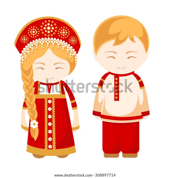 Russian man and Russian woman. Russian people.\
Russian national costume, national dress and a hat.  Russian\
national headdress