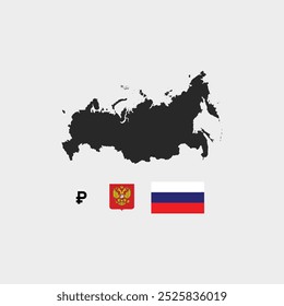 Russische Karte. Flagge und Emblem. Währungszeichen 