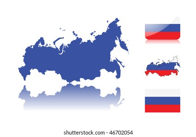 Russian map including: map with reflection, map in flag colors, glossy and normal flag of Russia.