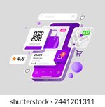 Russian Marketplace is displayed on the Phone. Flying 3d panels of the Interface of Mobile Application. Online Store for the Sale and Purchase of goods. E-commerce concept Vector illustration 