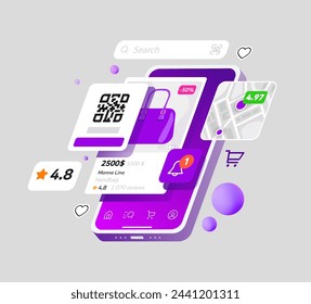 Russian Marketplace is displayed on the Phone. Flying 3d panels of the Interface of Mobile Application. Online Store for the Sale and Purchase of goods. E-commerce concept Vector illustration 