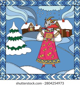 Russian Maslenitsa characters. Winter Holidays. Russian popular print. Illustration for a postcard, poster, T-shirt print, or cover.