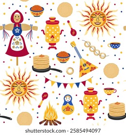 Russian Masnenitsa or Shrovetide. Set of vector design elements: slavic sun, pancakes, scarecrow, samovar, matryoshka. Colorful seamless pattern