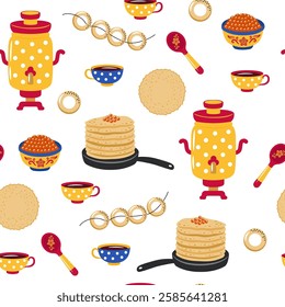 Russian Masnenitsa or Shrovetide. Set of vector design elements: pancakes, samovar, tea. Colorful seamless pattern for print on wrapping paper, textile, banner, poster, invitation.