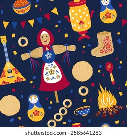 Russian Masnenitsa or Shrovetide. Set of vector design elements: pancakes, balalaika, scarecrow, samovar, matryoshka. Colorful seamless pattern on blue background.