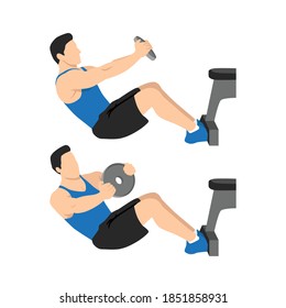 Russian mason v-sits twists exercise. Flat vector illustration isolated on white background. workout character set