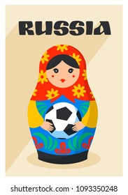 Russian Matrioshka. Greeting card with Russia symbol with soccer ball and text Russia. Vector traditional russian nesting doll with football ball. Matroska icon on light background. Vector