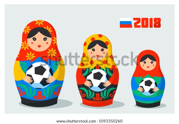 Russian Matrioshka set. Russia symbol with soccer\
ball, and Russian flag with 2018 text . Vector traditional russian\
nesting dolls with football ball. Matroska icon on light\
background. Vector