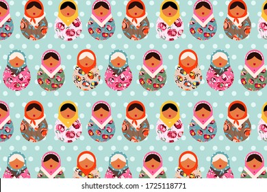 Russian Matryoshka doll pattern. Beautiful vector dolls on a pastel blue background. Wallpaper, stationery and textile design. Russian folklore and traditions.
