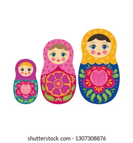 Russian matryoshka doll traditional kids wooden toy. Babushka style. Vector illustration isolated on white background. Funny cute set cartoon character. Moscow souvenir. Folk country ornate pattern.