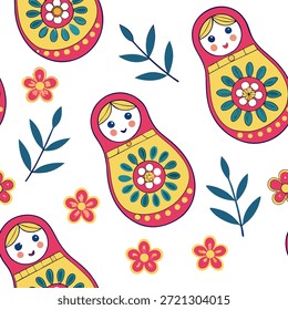 Muñecas rusas Matryoshka y patrones populares patrón de azulejos sin fisuras con colores vibrantes y diseños tradicionales para el concepto de decoración cultural como Muñecas vibrantes Matryoshka y patrones tradicionales rusos folklóricos dispuestos sin fisuras para la decoración cultural del hogar en Foto Stock Concepto y espacio vacío en el lado izquierdo, sin texto --ar 7:2 --tile