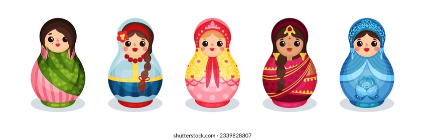 Russian Matryoshka Dolls in National Costume of Different Country Vector Set