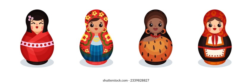 Russian Matryoshka Dolls in National Costume of Different Country Vector Set
