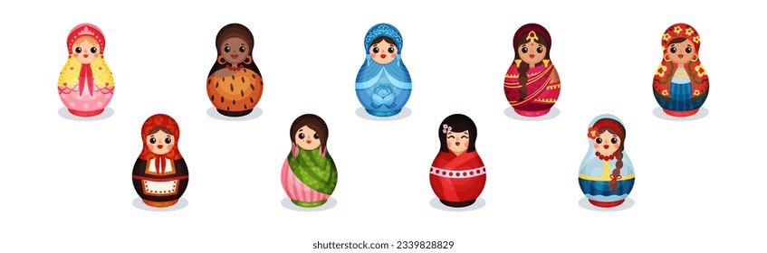 Muñecas rusas de Matryoshka con traje nacional de diferentes vectores de país