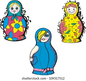 Russian matryoshka dolls. Set of color vector illustrations.