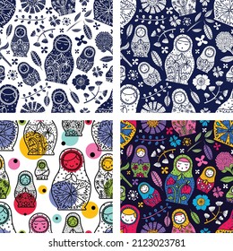 Russian Matryoshka and polka dot. Cute babushka. 4 seamless pattern. Can be used in textile industry, paper, background, scrapbooking.Vector