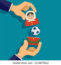 Russian matryoshka with a soccer ball. Traditional nesting doll symbol of football competitions. Stock vector illustration.