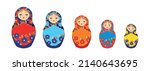 Russian Matryoshka. Traditional Russian folklore dolls with big eyes and lips. Babushka doll with hohloma, traditional painted floral pattern. Set with hand drawn vector illustration.