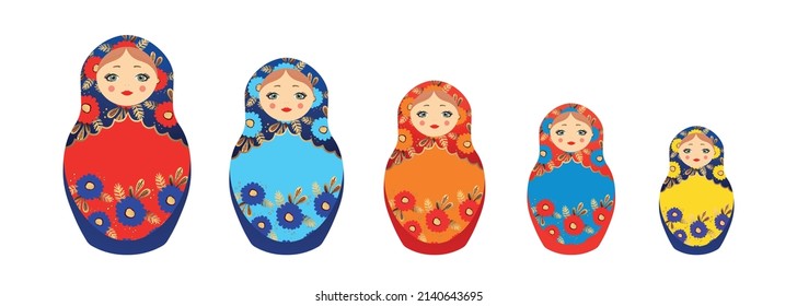 Russian Matryoshka. Traditional Russian folklore dolls with big eyes and lips. Babushka doll with hohloma, traditional painted floral pattern. Set with hand drawn vector illustration.