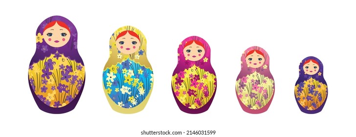 Russian Matryoshka. Traditional Russian folklore dolls with big eyes and lips. Babushka doll with hohloma, traditional painted floral pattern. Set with hand drawn vector illustration.