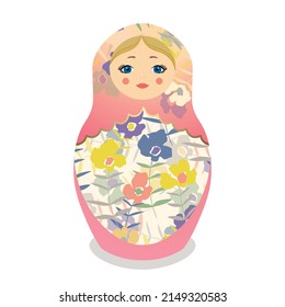 Russian Matryoshka. Traditional Russian folklore dolls with big eyes and lips. Babushka doll with hohloma, traditional painted floral pattern. Hand drawn vector illustration.