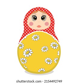 Russian Matryoshka. Traditional Russian folklore dolls with big eyes and lips. Babushka doll with hohloma, traditional painted floral pattern. Hand drawn vector illustration.