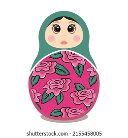 Russian Matryoshka. Traditional Russian folklore dolls with big eyes and lips. Babushka doll with hohloma, traditional painted floral pattern. Hand drawn vector illustration.