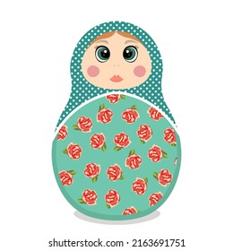 Russian Matryoshka. Traditional Russian folklore dolls with big eyes and lips. Babushka doll with hohloma, traditional painted floral pattern. Hand drawn vector illustration.